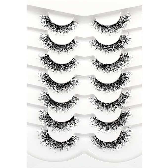 Pooplunch False Eyelashes Cat Eye Look Natural Short Wispy Lashes 8D Crossed Extension Volume Fake Eyelashes Faux Mink Human Hair Lashes 7 Pairs Pack