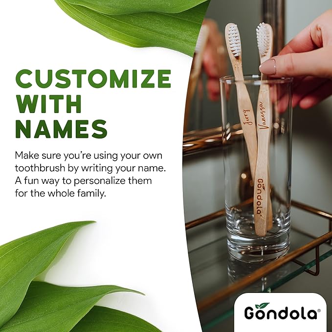 Gondola Organic Bamboo Toothbrushes Adults - 4 Pack - Soft Bristles for Sensitive Gums - Bamboo Toothbrush for Adults - Gentle Cleaning - Wellness Essentials Manual Toothbrush for Home & Travel