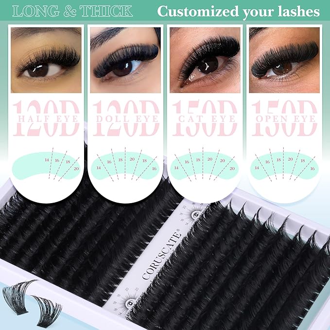 CORUSCATE Lash Clusters 120D+150D Thick Eyelash Clusters 14-20mm Long Cluster Eyelash Extensions 288pcs Individual Lashes Cluster DIY Eyelashes Mink Strips Volume Lash Extension