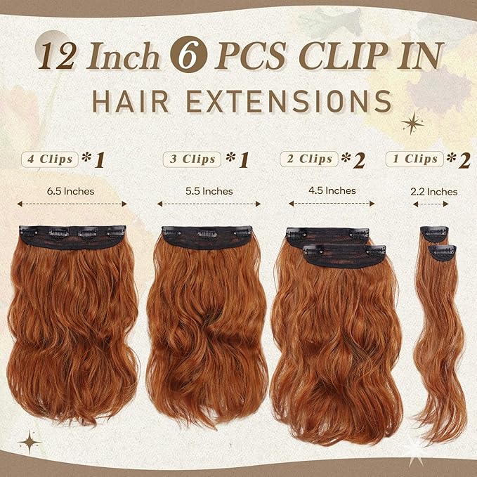 BARSDAR Ginger Copper Clip in Hair Extensions - 12 Inch Short Wavy Clip in Hair Extensions for Women - 6PCs Full Head Thick Soft Synthetic Cowboy Ginger Copper Hairpieces Daily Party