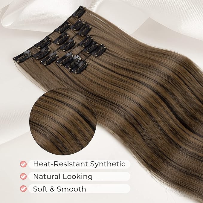 LONAI Clip in hair extensions 6PCS Straight 24" Hair Extensions for Women，Heat Resistant Synthetic Hairpiece-Black Brown with Highlights