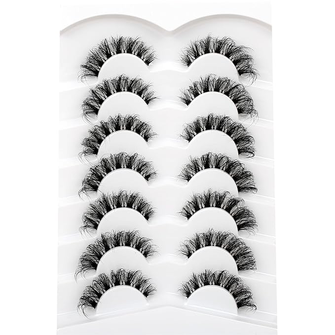 Pooplunch Fake Eyelashes Faux Mink Lashes Strips Cat Eye Wispy Volume Lashes D-Curly Clear-Band Natural 8D Extension Wispies 7 Pairs Pack