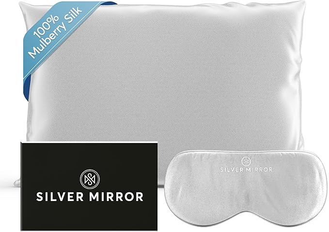 Silver Mirror Silk Sleep Essentials Set in Silver: Pillowcase and Eye Mask, 25" x 19.5" Fits Standard Queen Pillow, 22mm 6A Grade, for Gentle Sleep, Anti-Breakage, Tangles, Creases, and Wrinkles