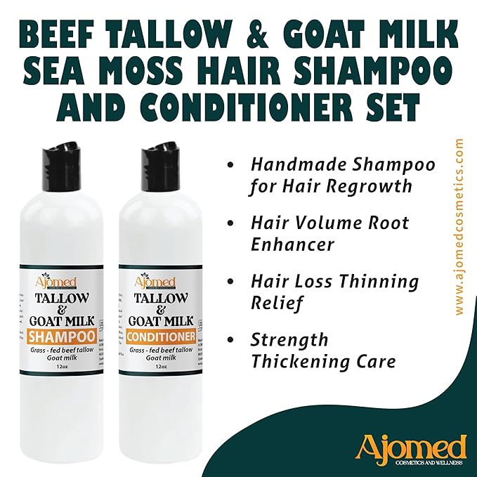 Beef Tallow Shampoo & Conditioner Set -Unscented Handmade tallow & goat milk shampoo for Damaged hair, all hair types- Moisturizing Shampoo- Sulfate, fragrance free (SHAMPOO & CONDITIONER 12OZ)