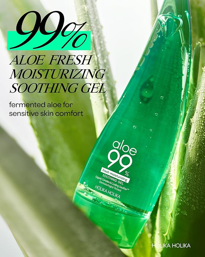 HOLIKA HOLIKA Aloe Fresh Moisture Soothing Gel 2 Pack - Face Body Moisturizer - Fermented Aloe and Cica - Hydrating Cooling Hypoallergenic Korean Skincare for Sensitive Sunburned Skin, 8.45oz