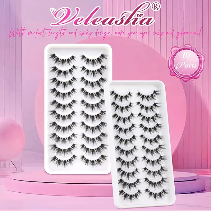 Veleasha Manga Bunny Lashes Cat Eye Lashes with Clear Band 7-16MM C Curl Spiky Anime Spiky False Eyelashes 6D Effect 10 Pairs Doll Eye Wispy Eyelashes (Spiky02)
