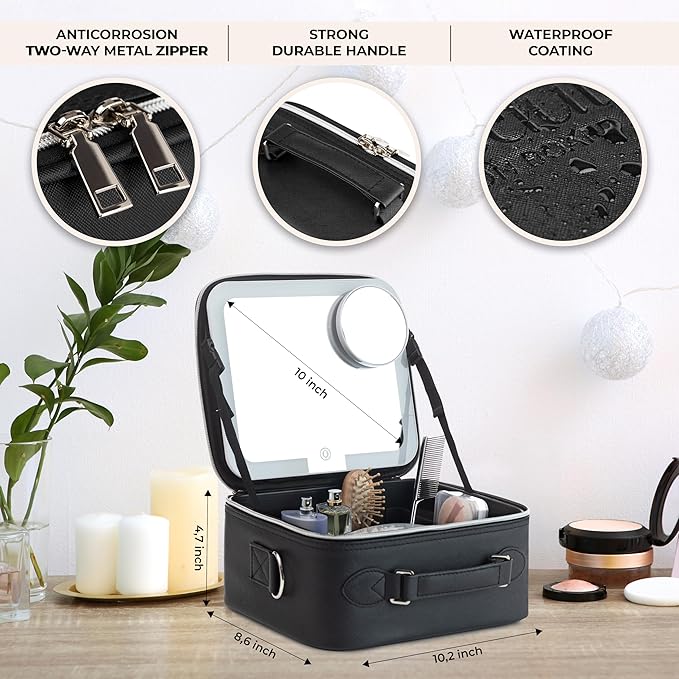 BeautyOnBoard Makeup Bag with LED Mirror, PU Leather Makeup Case - 3 Adjustable Brightness Levels, Lighted Cosmetic Case with Mirror, Dividers - Make Up Portable Storage Travel Organizer with Handle