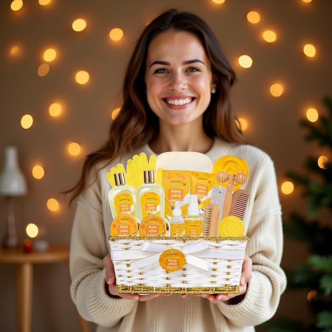 Gifts for Women Gift Basket for Women - 17 Pc Honey Almond Scented Home Bath Pampering Package Spa Bath & Body Gift Set, Luxury Home Spa Bath Gift Basket, Pamper Gifts for Woman & Teens