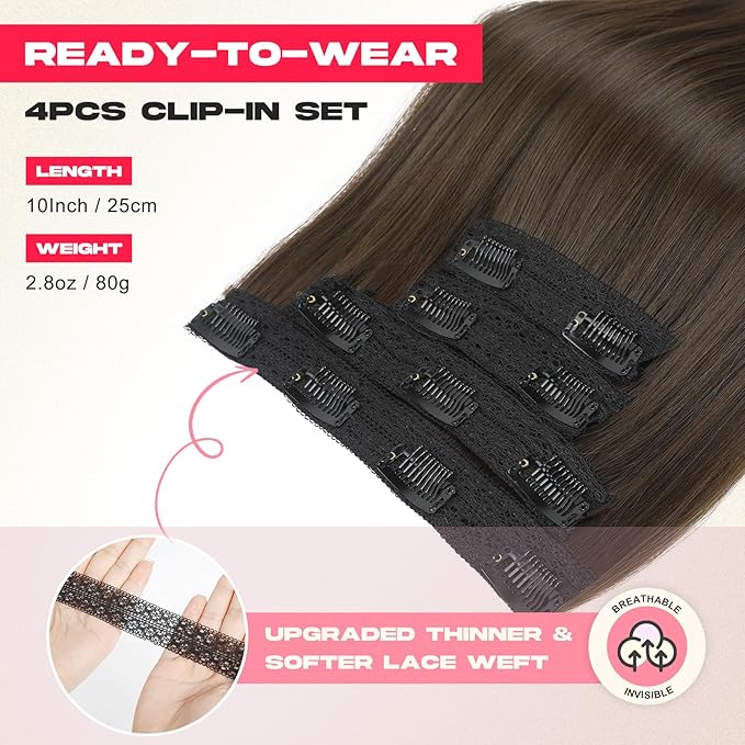 Hair Extensions, 10" Short Clip in Hair Extensions 4PCS Straight Natural Soft Synthetic Hairpiece for Women- Golden Blonde with Highlights