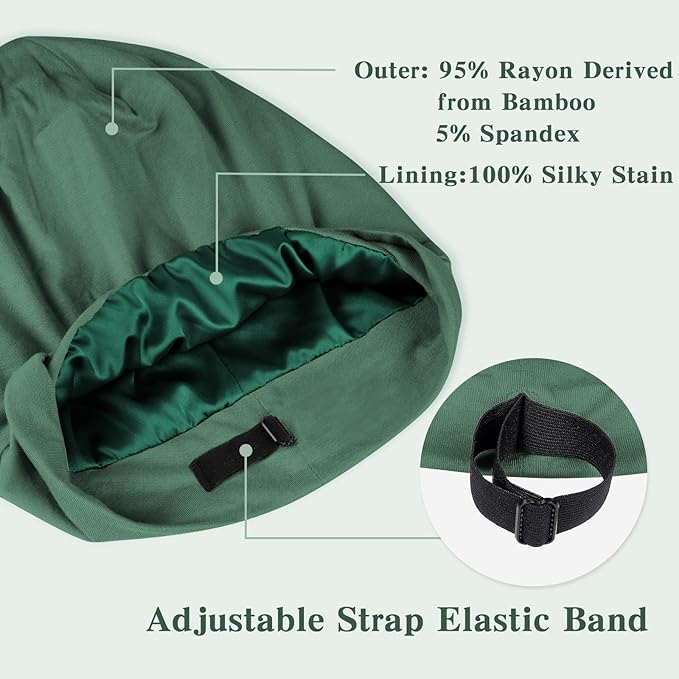 Fittia Satin Hair Bonnet for Sleeping, Silky No Frizzy for Curls Care, Adjustable Strap for Non-Slip, Dreadlocks Cap for Women&Men Military Green