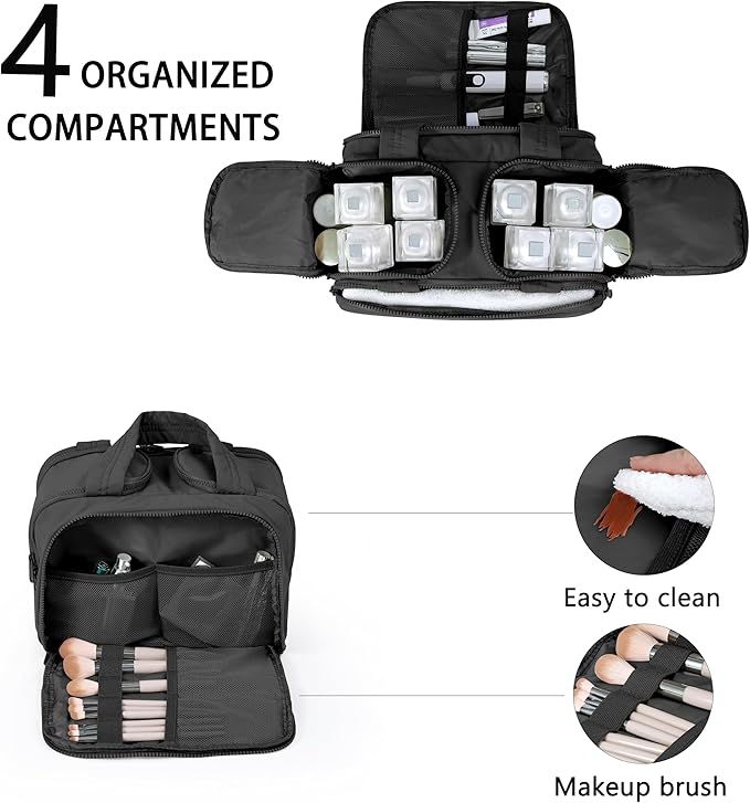 BUZFOWU Travel Toiletry Bag for Women, Large Wide-open Puffy Cosmetic Makeup Bag with Wet-Dry Separation, Multi-Pocket Organizer with Carry Handle for Toiletries, Cosmetics, Essentials, Black