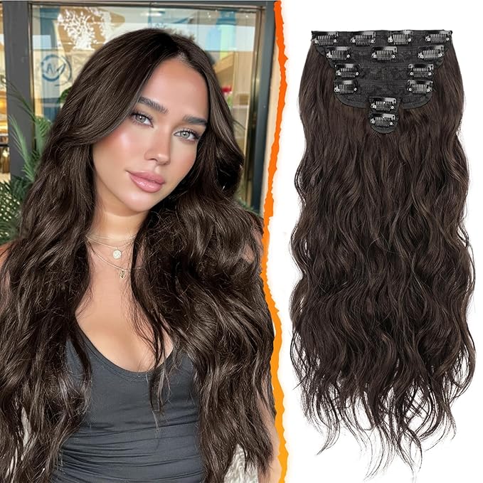 BARSDAR Beach Wavy Dark Brown Clip in Hair Extensions – 6 PCS Dark Brown Wavy Clip in Hair Extensions for Women - Thick Soft Synthetic Full Head Long Voluminous Easy Wear Hairpieces Daily Party