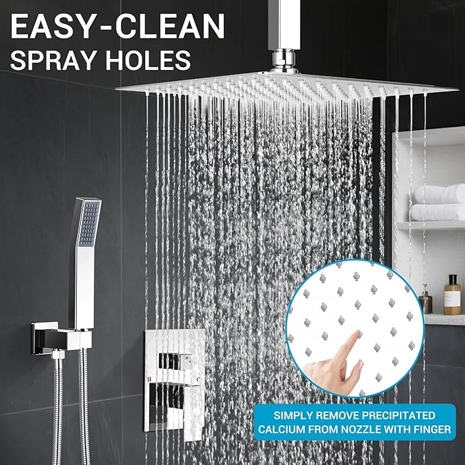 IUERASD Ceiling Mount Shower Faucet Set Square Showerhead Bathroom Rainfall Shower System Stainless Steel Shower Trim Kit 10 Inches (Chrome)