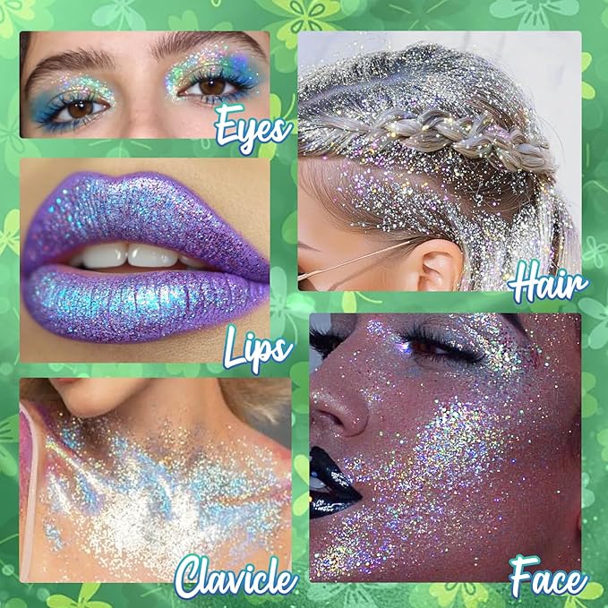 Green Rolling Glitter for Face Body & Hair, Roll-on Sequins for St. Patrick's Day, Sparkling Accessories for Christmas Concert Rave Festival Halloween Party Mardi Gras Carnival, 1.35fl.oz
