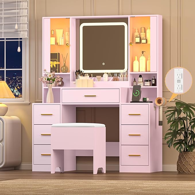 Pink Makeup Vanity Desk with Mirror & Lights, Modern Vanity Table with Charging Station, 7 Drawers, Glass Cabinet, Shelves & Cushioned Stool, Bedroom Dressing Table Set for Women & Girls