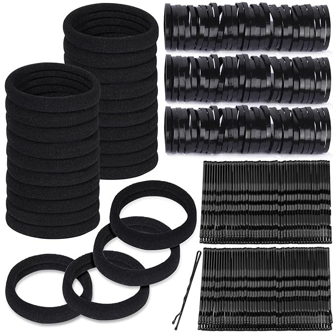 Teenitor 220Pcs Bobby Pins, Hair Ties and Rubber Hair Bands, 100pcs Black Bobby pins for Women 100pcs Hair Elastics 20pcs Seamless Hair Ties, Hair Accessories for Women Black