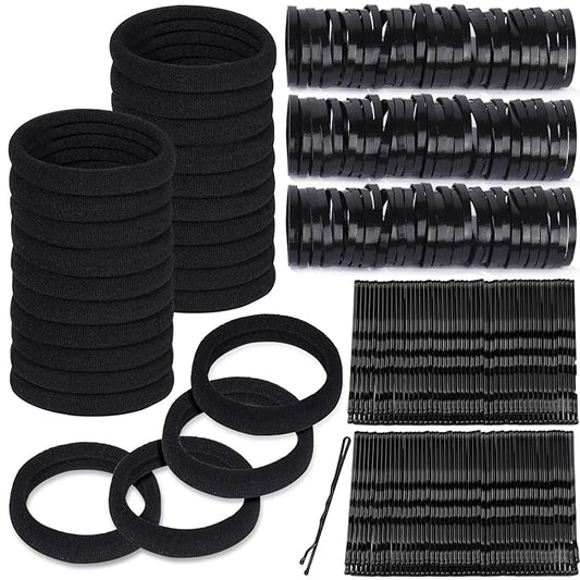 Teenitor 220Pcs Bobby Pins, Hair Ties and Rubber Hair Bands, 100pcs Black Bobby pins for Women 100pcs Hair Elastics 20pcs Seamless Hair Ties, Hair Accessories for Women Black