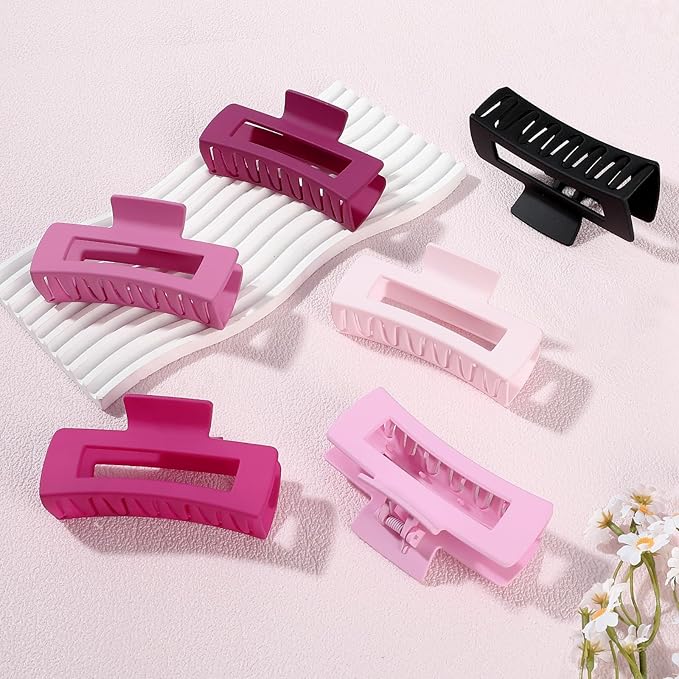 4 Inch Big Hair Claw Clips 6 Pcs Large Claw for Thick Hair Square Hair Clips for Women Rectangle Hair Clips Nonslip Acrylic Banana Jaw Clips Hair Accessories for Girls (Pink Purle)