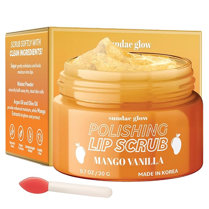Sundae Glow Lip Scrub with Mango Vanilla – Exfoliates, Hydrates & Repairs – Smooths, Softens & Revitalizes Dry Lips – Dermatologist Tested, Korean Skin Care – Clean Beauty, Cruelty-Free – 1 Pack