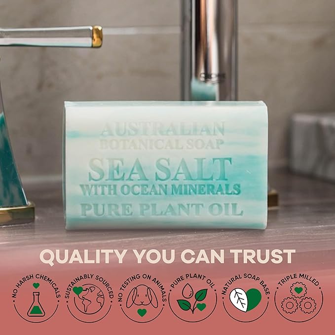 Australian Botanical Soap Sea Salt with Ocean Minerals 6.6 oz Luxury Soap Bars Enriched with Shea Butter, Pack of 4 - Packaging May Vary