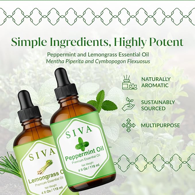 Siva Peppermint Essential Oil and Lemongrass Essential Oil 4oz Bundle Super Saver Combo – Premium Grade Value Set for Aromatherapy, Scalp Massage, Hair Care, Skin & Body