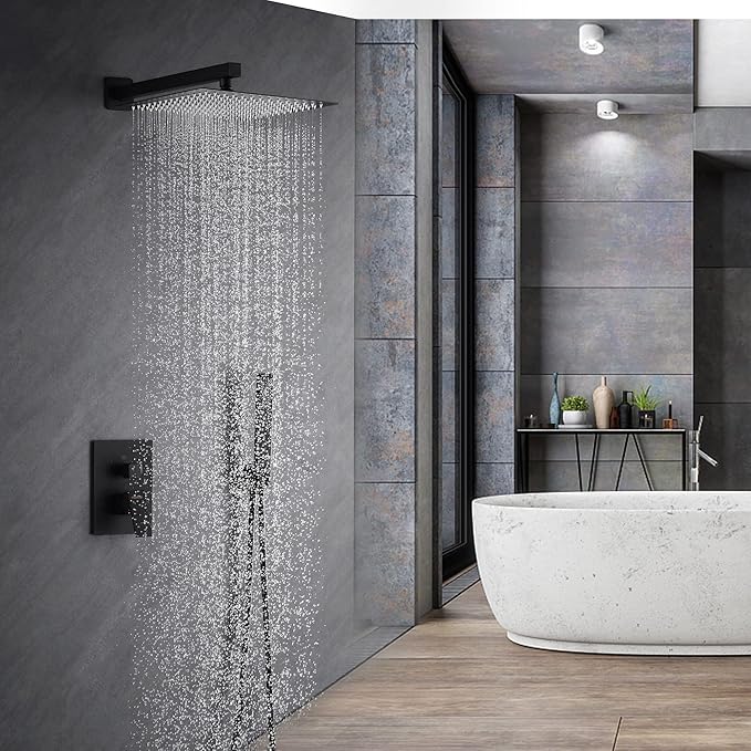 Fransiton 12 Inches Matte Black Shower System Rain Shower System Set Wall Mounted, Rainfall Shower Head with Handheld, Bathroom Shower Kit (Valve Included)