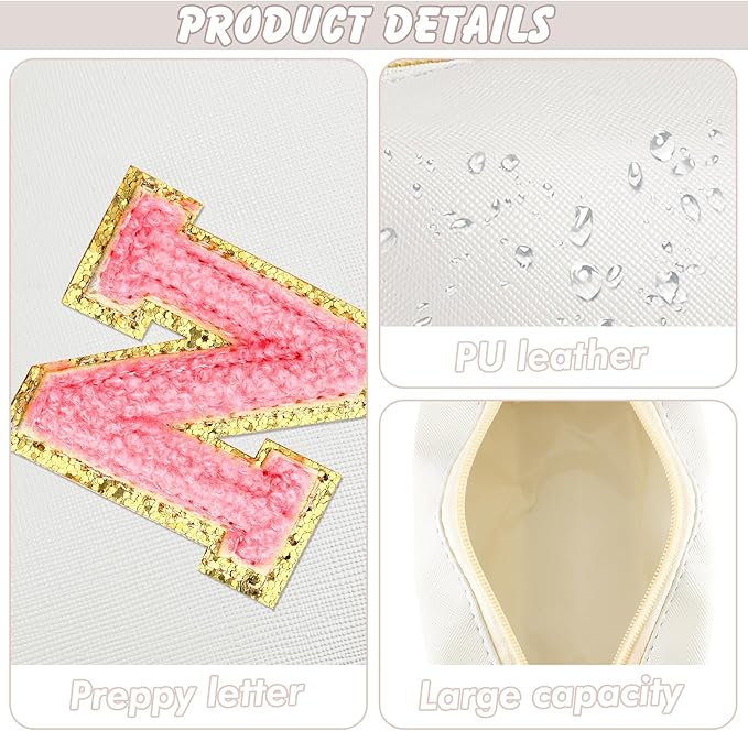 URSKYTOUS Initial Makeup Bag Personalized Preppy Travel Small Cosmetic Bag Cute PU White Chenille Letter Makeup Pouch for Purse Waterproof Zippered Toiletry Organizer for Women Girl Kid Friends(N)