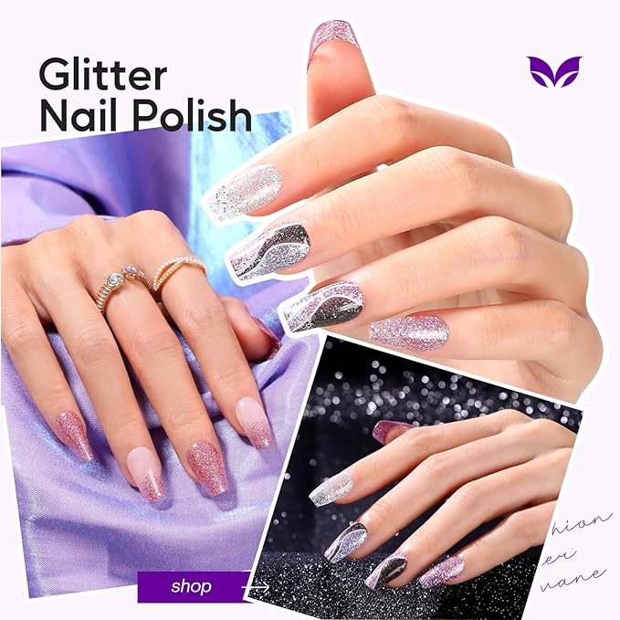 Morovan Glitter Nail Polish Set: Quick Dry Nail Polish Kit Sparkle Gold Silver Black Sparkly Fingernail Bulk Flash Diamond Regular Manicure Gifts for Women
