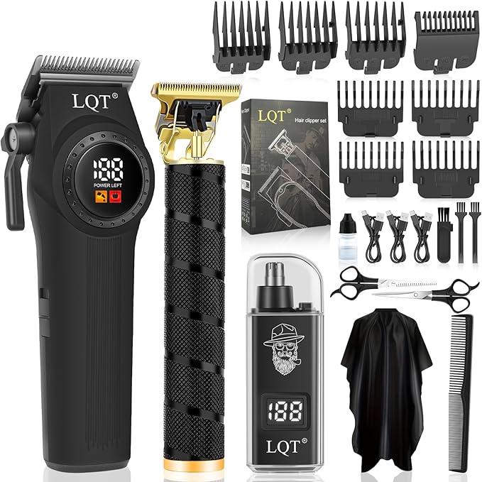 Hair Clippers for Men, 3-Piece Professional Grooming Kit Includes Hair Clipper, LED Power Display,Detail Trimmer and Nose Trimmer, Complete Cordless Set for Home Barber Use (Black)