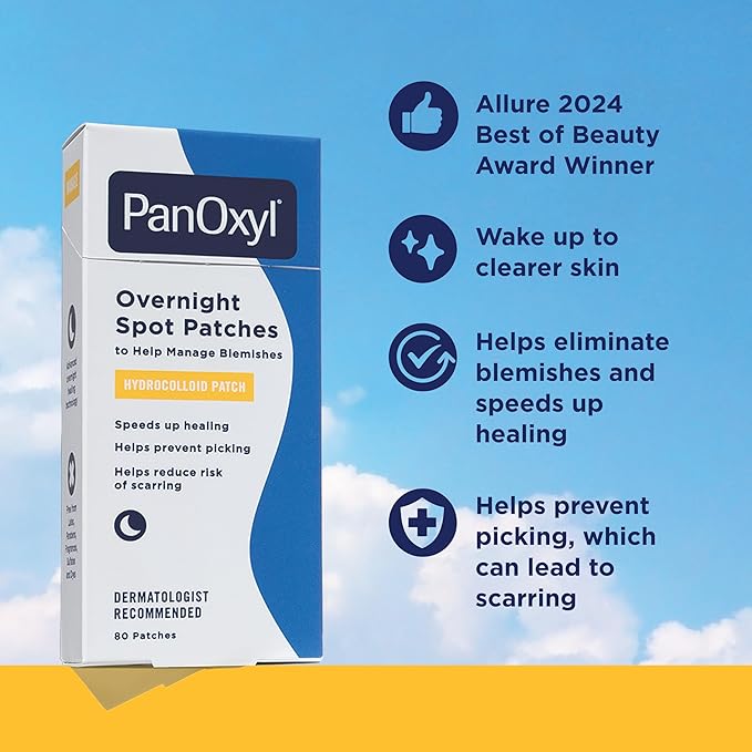 PanOxyl PM Overnight Spot Patches, Clear Hydrocolloid Blemish Dots, Hydrocolloid Patches, Help Manage Blemishes, Helps Avoid Scarring by Preventing Picking, Vegan, Latex-Free, Fragrance-Free, 80ct
