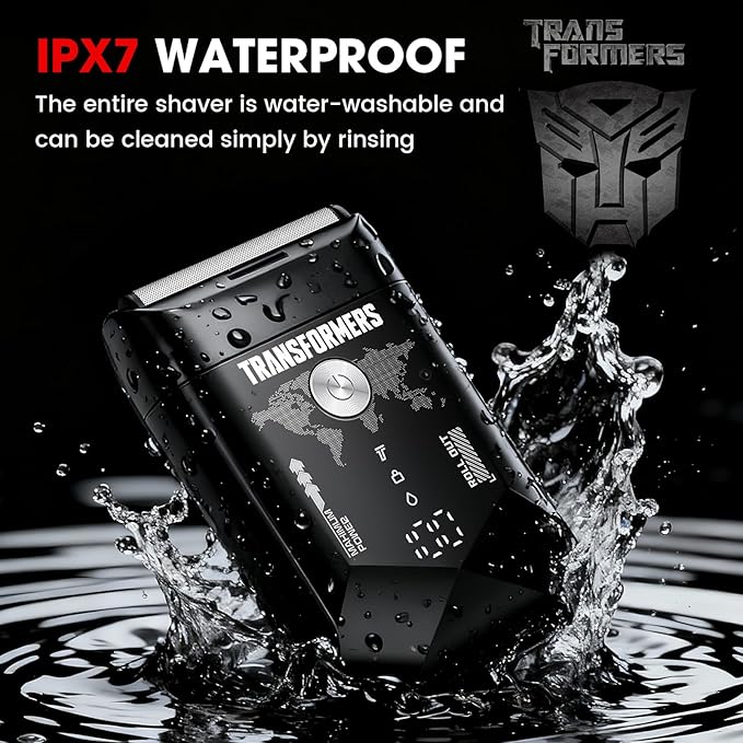 Transformers Electric Foil Shaver for Men：Portable Electric Razor for Face - IPX7 Waterproof Cordless Razor with LED Display - 2 Floating Blade USB-C Fast Rechargeable for Travel & Home