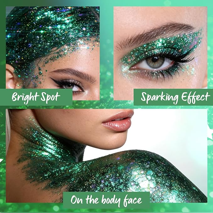 St Patrick's Day Outfit Body Glitter Gel, Green Body Glitter for Face Body Hair, Chameleon Color Changing Glitter Gel for Rave Party Mermaid Sequins Festival Accessories Shimmer Makeup #7