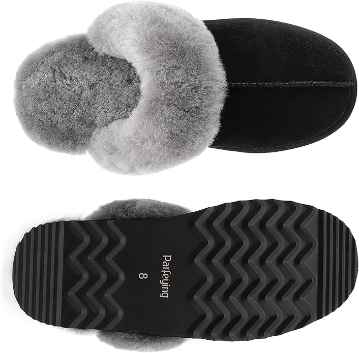 Parfeying Women's Shearling Slippers Genuine Leather with Rubber Sole, Sheepskin Fuzzy Indoor Outdoor Shoes for Home