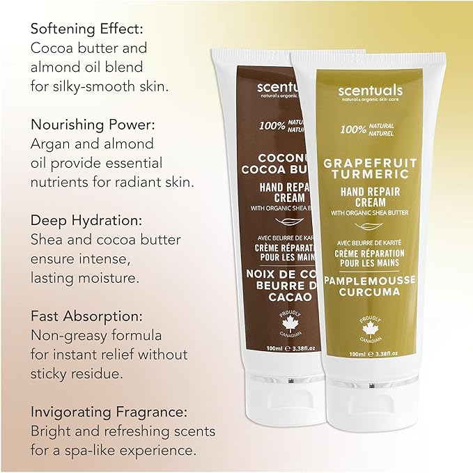 Scentuals Hand Cream Set of 2, with Shea Butter, Cocoa Butter, Argan & Almond oil, Moisturizing Dry Hands. Coconut Cocoa Butter + Grapefruit Turmeric | 100ml (3.4fl.oz) x 2.