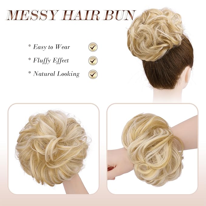 FESHFEN Messy Bun Hair Piece - Wavy Synthetic Chignon Scrunchies for Instant Volume, Elastic Bun Ponytail Hair Extensions Thick Hairpieces for Women, Champagne Blonde & White Blonde 1.50 oz