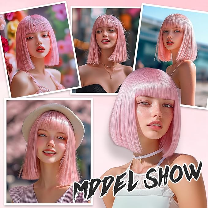 Pink Wig With Bangs Short Bob Straight Wigs for Women Shoulder Length Pink Natural Looking Synthetic Heat Resistant Fiber Wigs for Halloween Costumes Cosplay Daily Use(12 Inch)