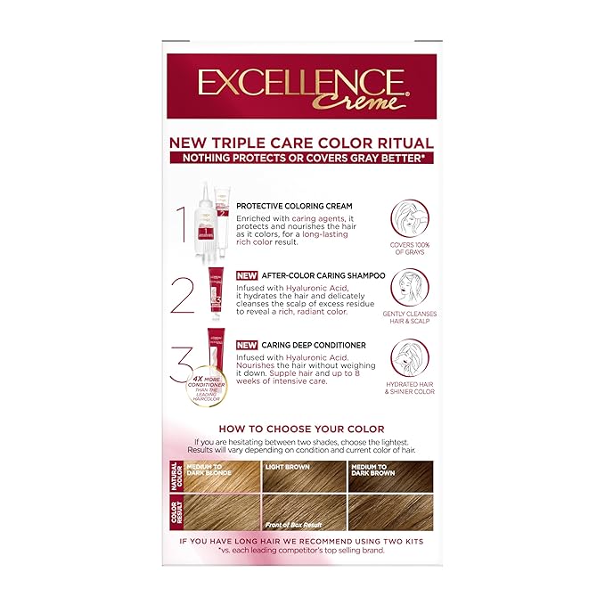 L'Oreal Paris Excellence Crème Permanent Hair Dye, Triple Care Hair Color with Hyaluronic Acid for 100% Gray Coverage, 6 Light Brown, 1 Kit (Packaging May Vary)