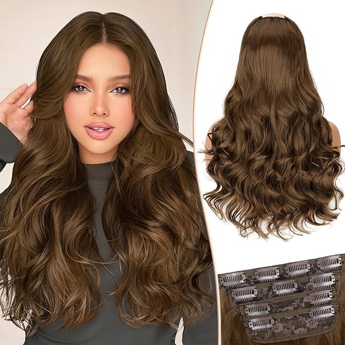 KooKaStyle Clip In Hair Extensions, Natural Long Layered Soft Invisible Synthetic Curly Wavy Hairpieces for Women, 4 pcs (20 Inch, Chestnut Brown)