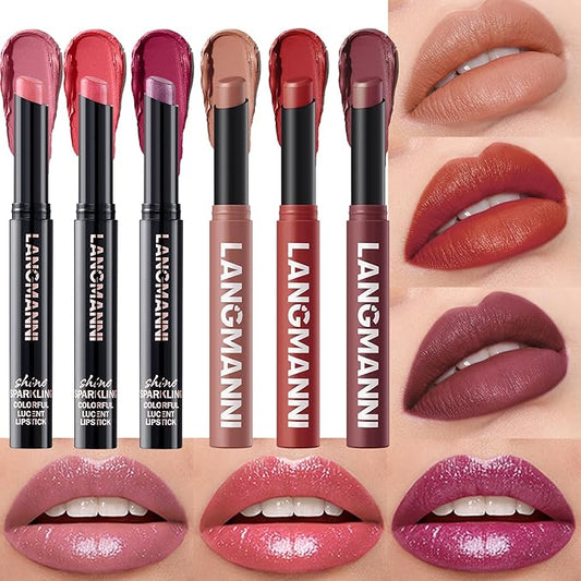Jolilab 6Pcs Glitter Lip Kit - Velvet Matte & Nude Matte Lipstick + Glitter Lip Gloss/Glitter Lipstick High Pigmented Long-Lasting Waterproof Beauty Cosmetics Gift for Women(SET A)