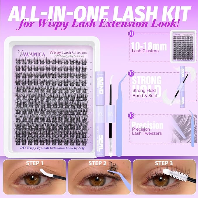 Yawamica Lash Extension Kit Wispy Lash Clusters Kit 10-18mm Cluster Eyelash Extensions D Curly Individual Lashes Medium Volume Cluster Lashes DIY Lash Kit with Bond and Seal and Lash Tweezers