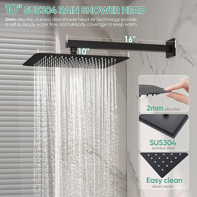 HoliSpa Black Shower System with Tub Spout, All Metal Tub Shower Faucet Set with 10" Rain Shower Head and Handheld Spray combo, Wall Mounted Tub Shower Systems with Valve and Trim Kit, Matte Black