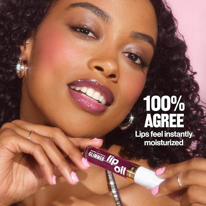 REVLON Super Lustrous Glimmer Lip Oil, Moisturizing & Tinted, Shiny Finish, Made with Plant-Based Squalane, 010 Wined Down, 0.13 fl oz