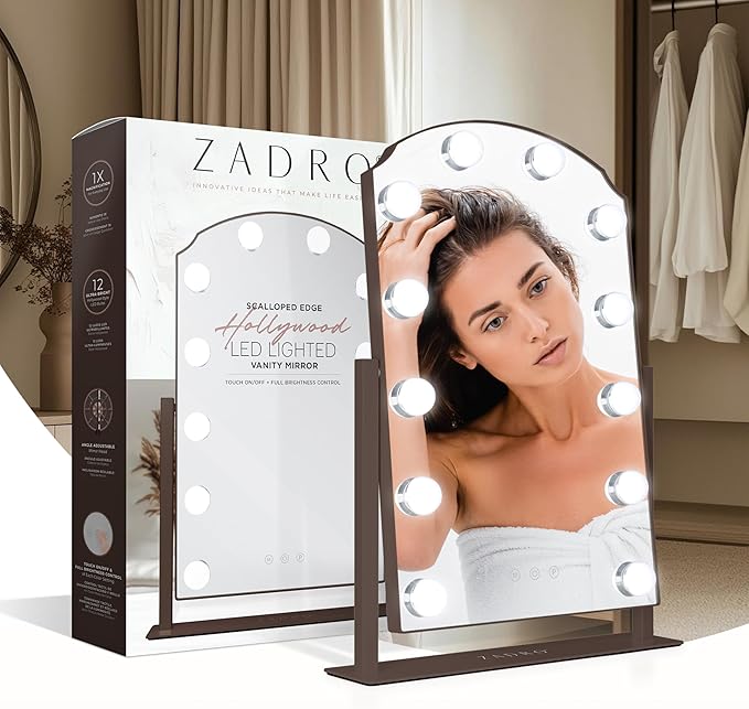 Zadro Scalloped Edge Hollywood LED Vanity Mirror, 12 Dimmable Bulbs, 3 Color Temperatures, 360° Rotation, Angle-Adjustable Tilt, USB-C Plug-in, Large 12" x 19", 1X Viewing Area (Chocolate)
