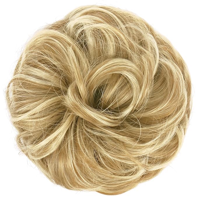 FESHFEN Messy Bun Hair Piece - Wavy Synthetic Chignon Scrunchies for Instant Volume, Elastic Bun Ponytail Hair Extensions Thick Hairpieces for Women, Sunny Blonde 1.50 oz