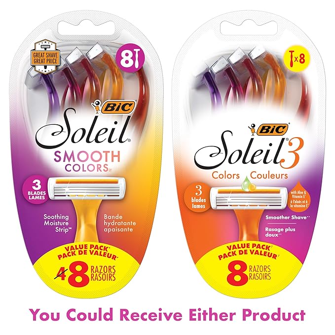 BIC Soleil 3 Colors Women's Disposable 3 Blade Razors, Colorful Handles and Moisture Strip, 10-Pack