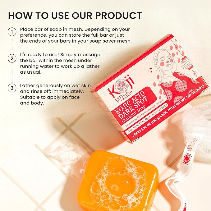 Koji White 4% Kojic Acid Dark Spot Corrector Soap For Exfoliating & Moisturizes with Vitamin C, Licorice Root Extract, Hydrating & Even Skin Tone Cleansing Bar for Face & Body, Vegan, 3.52 Oz (2 Bars)