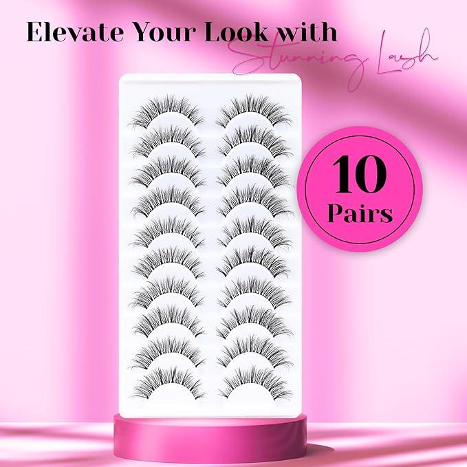 Veleasha Cat Eye Lashes Wispy False Eyelashes with Clear Band Natural Look Eyelashes Looks Like Lash Extensions CC Curl Soft Fake Lashes Strips Lashes 10 Pairs Pack (Everyday Essentials)