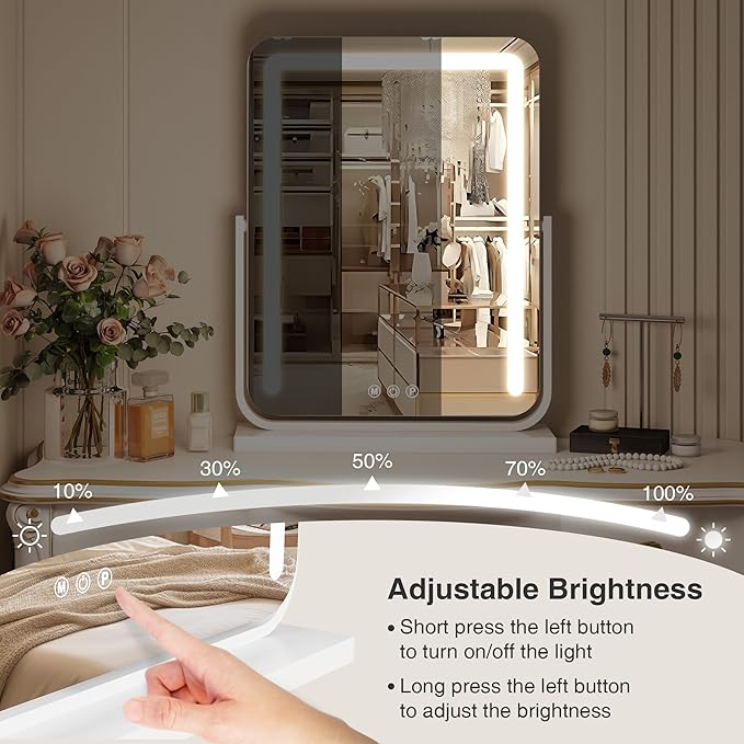 Lighted Makeup Mirror with Lights,Dimmable Touch Control Vanity Mirror for Desk/Bedroom, 360° Rotation,3 Color Modes for Flawless Application - Ideal Gifts for Her (White)