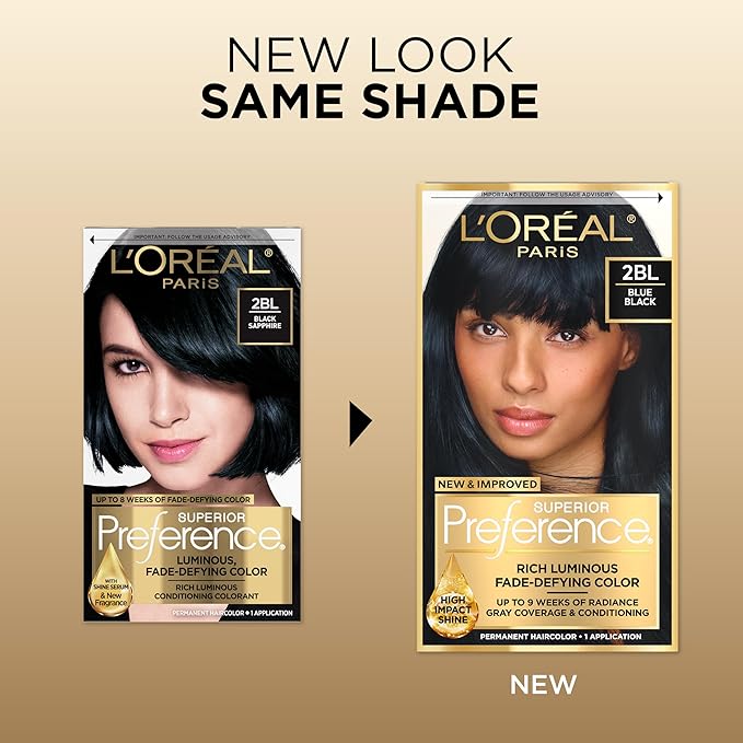 L'Oreal Paris Superior Preference Luminous Fade-Defying Permanent Hair Color, Hair Dye For Up to 9 Weeks of Radiance, 2BL Blue Black, 1 Kit