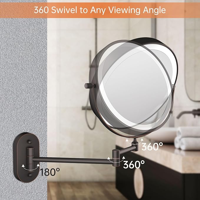 5000mAh Rechargeable Wall Mounted Lighted Makeup Vanity Mirror Double Sided 1X 30X Magnifying Bathroom Mirror, 3 Color Lighting, Touch Dimming, Extended Arm 360 Rotation Light up Mirror Antique Bronze